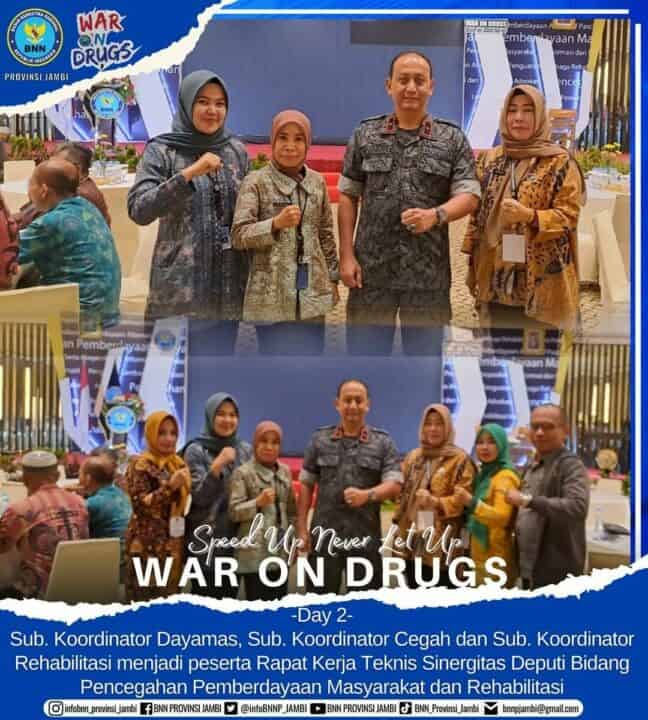 Kepala BNN Provinsi Jambi bersama Sub. Koordinator Dayamas, Sub. Koordinator Cegah dan Sub. Koordinator Rehabilitasi  mengikuti Kegiatan Rapat Kerja Teknis Sinergitas Deputi Bidang Pencegahan Pemberdayaan Masyarakat dan Rehabilitasi.