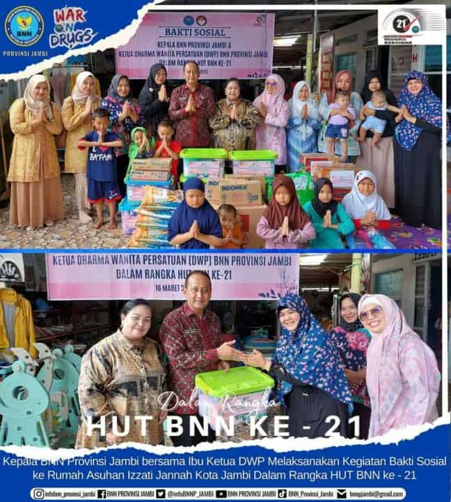 Kepala BNN Provinsi Jambi bersama Ibu Ketua DWP Melaksanakan Kegiatan Bakti Sosial ke Rumah Asuhan Izzati Jannah Kota Jambi Dalam Rangka HUT BNN ke – 21