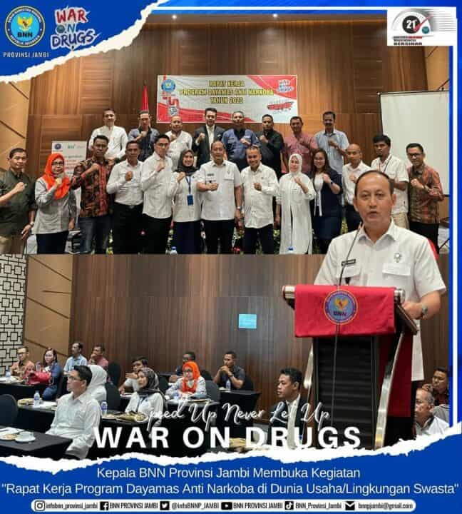 Kepala BNN Provinsi Jambi Brigjen Pol. Wisnu Handoko, S.I.K., M.M Membuka Kegiatan Rapat Kerja Program Dayamas Anti Narkoba di Dunia Usaha/Lingkungan Swasta Tahun 2023 di Aston Hotel Jambi