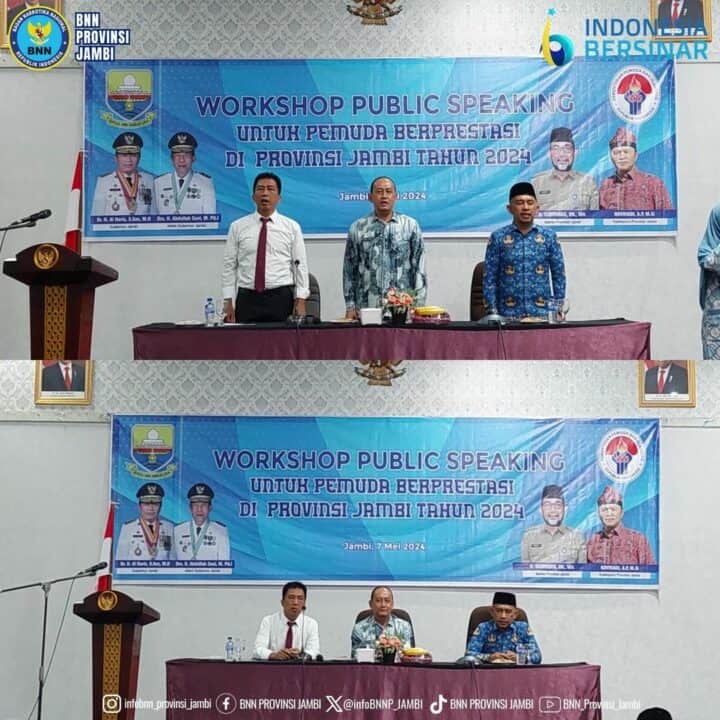 Kepala BNN Provinsi Jambi Menjadi narasumber pada kegiatan WORKSHOP PUBLIC SPEAKING Untuk Pemuda Berprestasi di Provinsi Jambi Tahun 2024