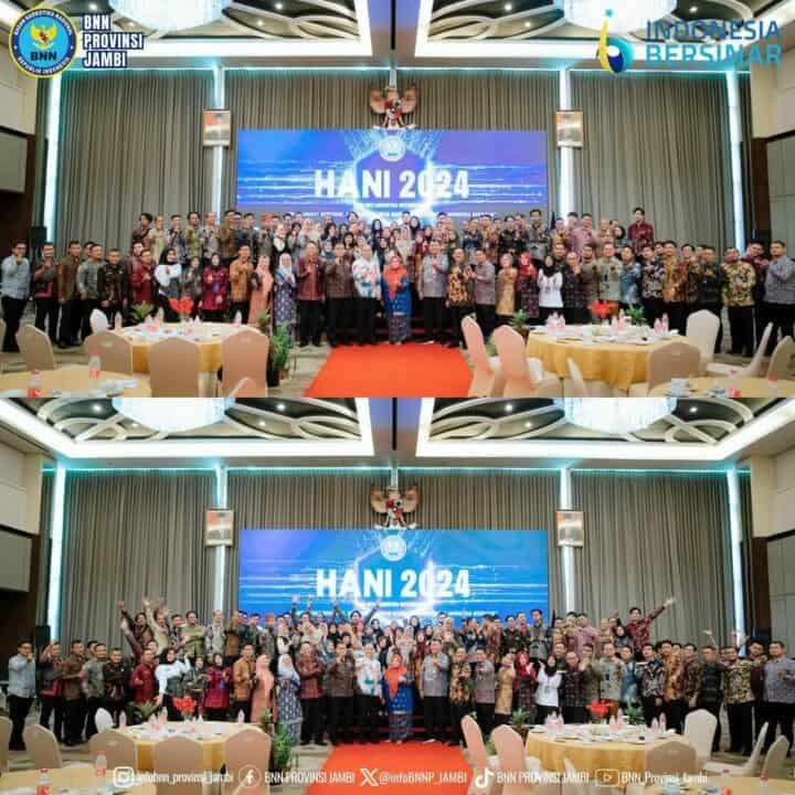 BNN Provinsi Jambi dan DWP Provinsi Jambi beserta Jajaran bersama Forkopimda Provinsi Jambi Mengikuti Puncak Peringatan Hari Anti Narkotika Internasional 2024 secara Virtual di Swiss-Belhotel Jambi
