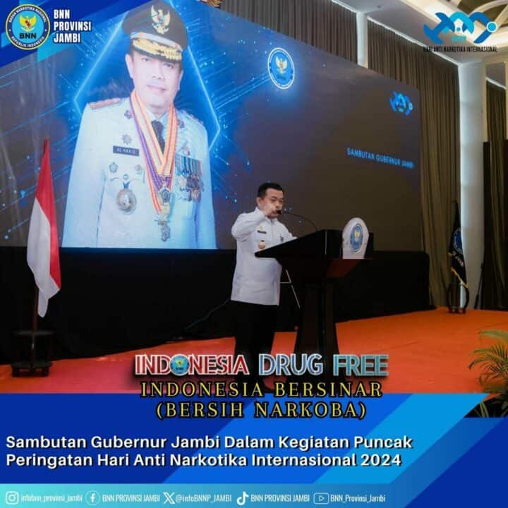 BNN Provinsi Jambi dan DWP Provinsi Jambi beserta Jajaran bersama Forkopimda Provinsi Jambi Mengikuti Puncak Peringatan Hari Anti Narkotika Internasional 2024 secara Virtual di Swiss-Belhotel Jambi