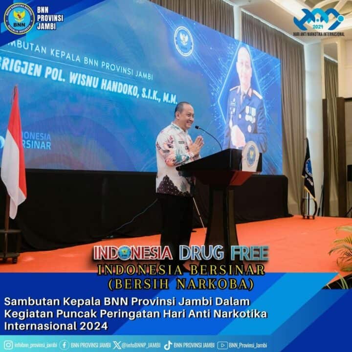 BNN Provinsi Jambi dan DWP Provinsi Jambi beserta Jajaran bersama Forkopimda Provinsi Jambi Mengikuti Puncak Peringatan Hari Anti Narkotika Internasional 2024 secara Virtual di Swiss-Belhotel Jambi