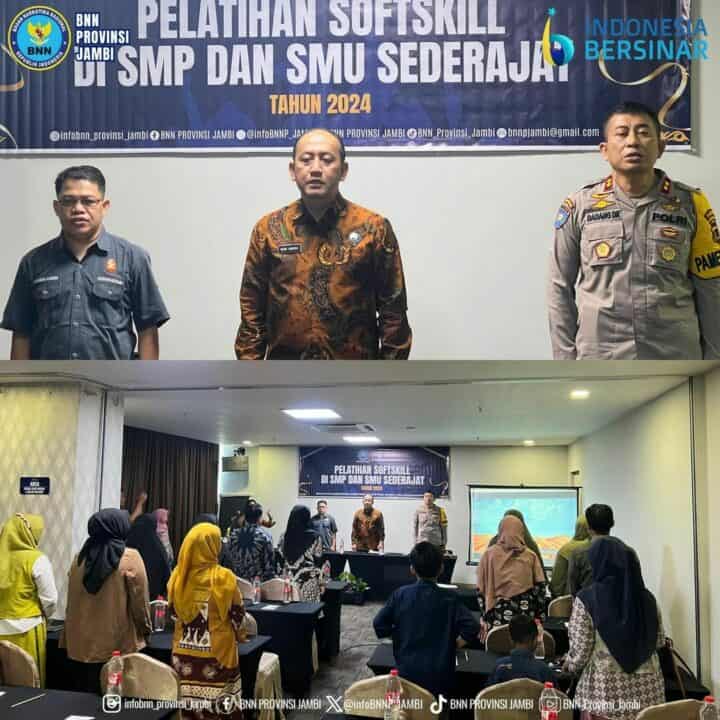 Kepala BNN Provinsi Jambi Brigjen Pol. Wisnu Handoko, S.I.K., M.M membuka Kegiatan Pelatihan Softskill di SMP dan SMU Sederajat Tahun 2024 di Odua Weston Jambi.