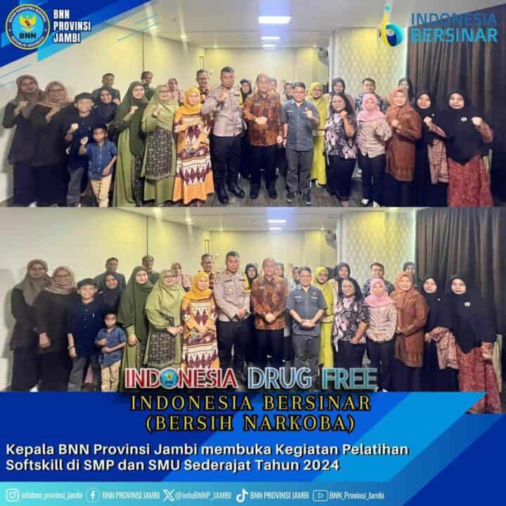 Kepala BNN Provinsi Jambi Brigjen Pol. Wisnu Handoko, S.I.K., M.M membuka Kegiatan Pelatihan Softskill di SMP dan SMU Sederajat Tahun 2024 di Odua Weston Jambi.